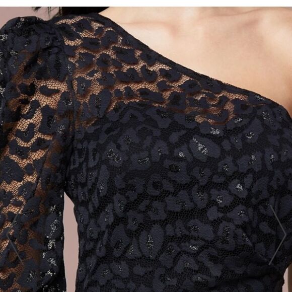 Bebe Lace One Shoulder Black Metallic Dress Feminine Contemporary Formal Event - Picture 3 of 12